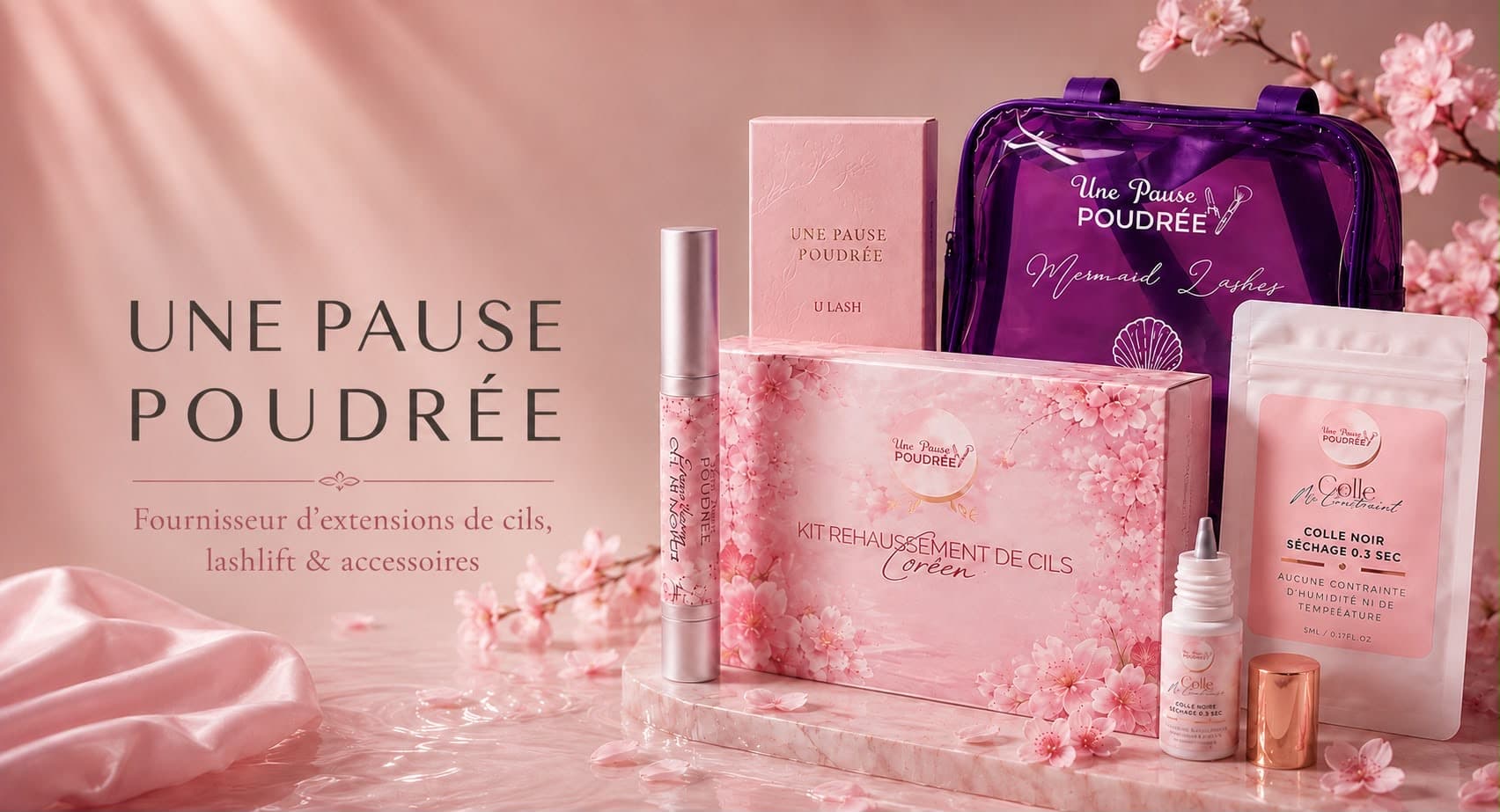 une pause poudrée — Reinigungsschaum, Fixierung, Wimpernbox und Geschenkkarte auf pudrigem Hintergrund